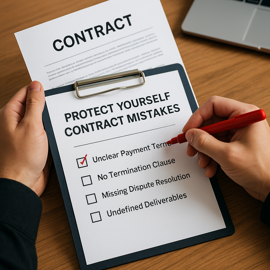 Person reviewing a business contract with a checklist titled 'Protect Yourself From Contract Mistakes,' highlighting common contract risks like unclear payment terms and missing dispute resolution clauses